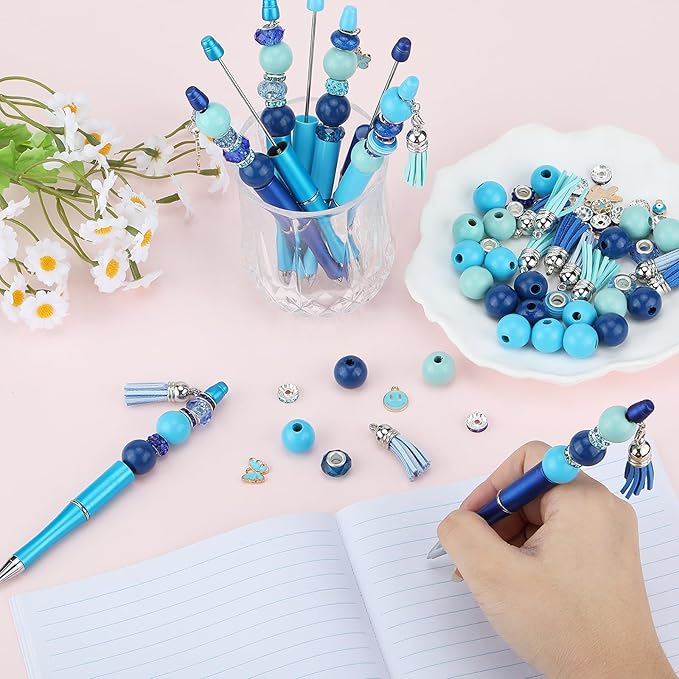 12pcs DIY Beadable Pens Bulk Pens for Beads Beaded Pen Kit for Students Teacher Office Supplies DIY Making Gifts(Blue)
