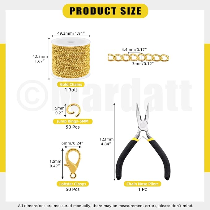 Mardatt 102Pcs Jewelry Making Kit, 10 Yards Necklace Chains with 50Pcs Open Jump Rings, 50Pcs Lobster Clasps, Chain Nose Pliers for DIY Necklace Bracelet Jewelry Making (Gold)