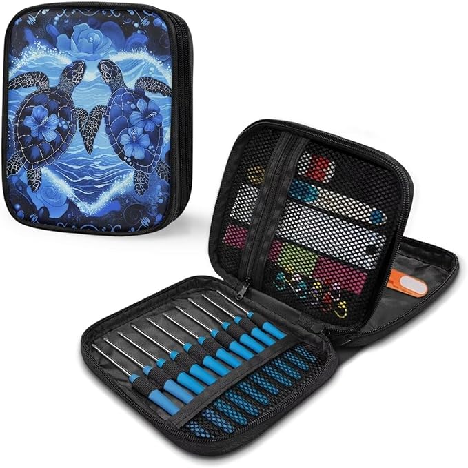 Hechitok Turtle Blue Crochet Hook Case, Organizer Zipper Bag with Web Pockets for Various Crochet Needles and Knitting Accessories, Well Made and Easy to Carry