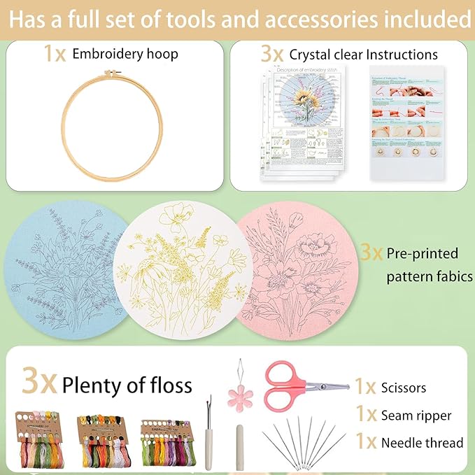 Ohcol 3 Sets Embroidery Kit,Cross Stitch Kits Needlepoint Kits for Adults Beginner,Needle Point Kits with Washable Pre-Printed Floral Pattern,Hoops,Women DIY Hand Crafts