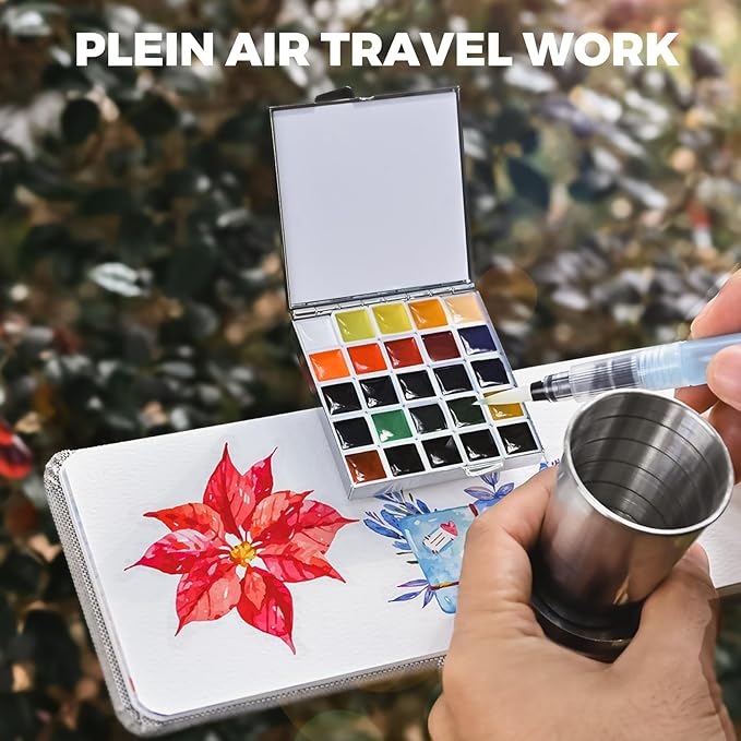 Funto Mini Watercolor Paint Set, All-in-One 24-Color Travel Paint Kit, with Crossbody Bag, Watercolor Journal, Paint Water Cup, Pocket Set for Artists