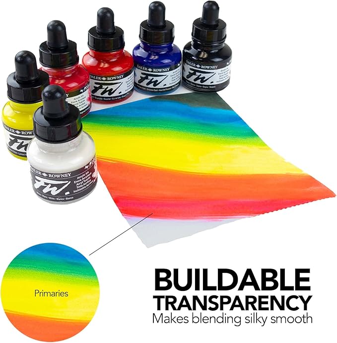 Daler-Rowney FW Acrylic Ink Bottle 6-Color Primary Set with Empty Marker - Acrylic Set of Drawing Inks for Artists and Students - Art Ink Calligraphy Set - Permanent Calligraphy Ink