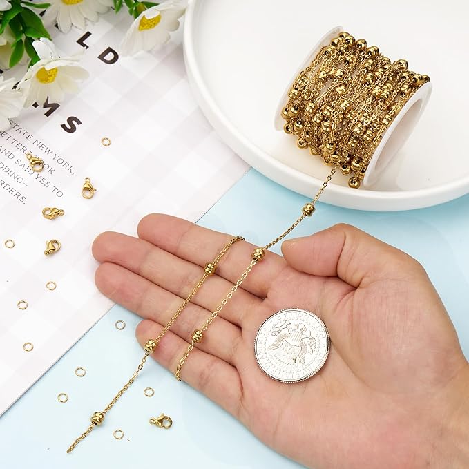 Kyutong 5 Meters Gold Plated Chain for Jewelry Making Thin Cable Links Beaded Jewelry Chains with Connector for Necklace Bracelet Crafts DIY