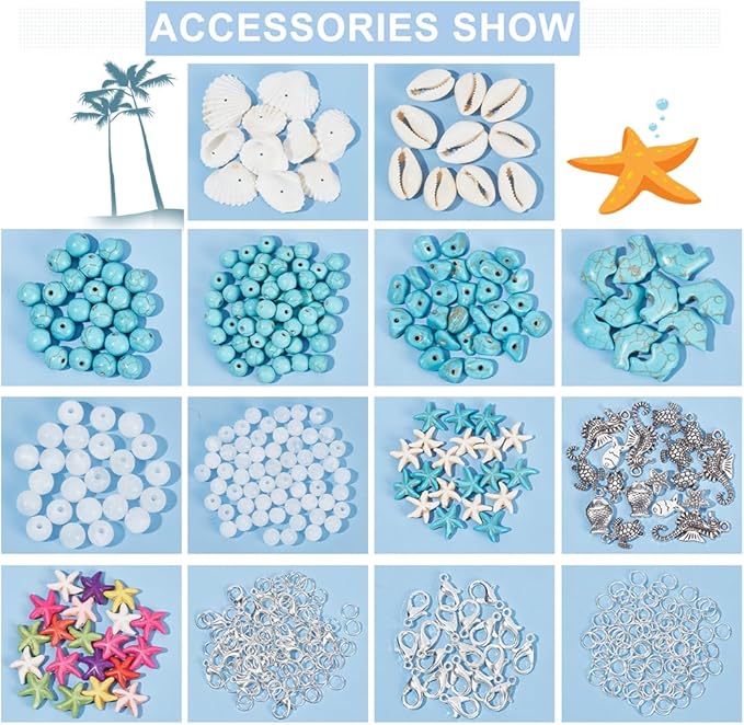 PH PandaHall Ocean Jewelry Making Kit - Starfish, Seashell, Synthetic Turquoise, Tortoise, Fish, Cowrie Shell Beads for Summer Beach Necklace, Earring, Bracelet, Anklet Jewelry Making (406pcs)