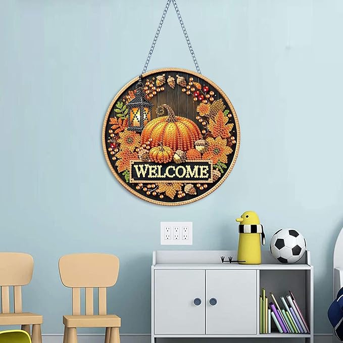 NEGEKFKX Fall Diamond Art Hanging Pendant Kits,Pumpkin Special Shape Diamond Art Kits for Adults,Double Sided Hanging Acrylic Ornament Kit,Pendants Home Garden Wall Hanging Kits Hanging Ornament