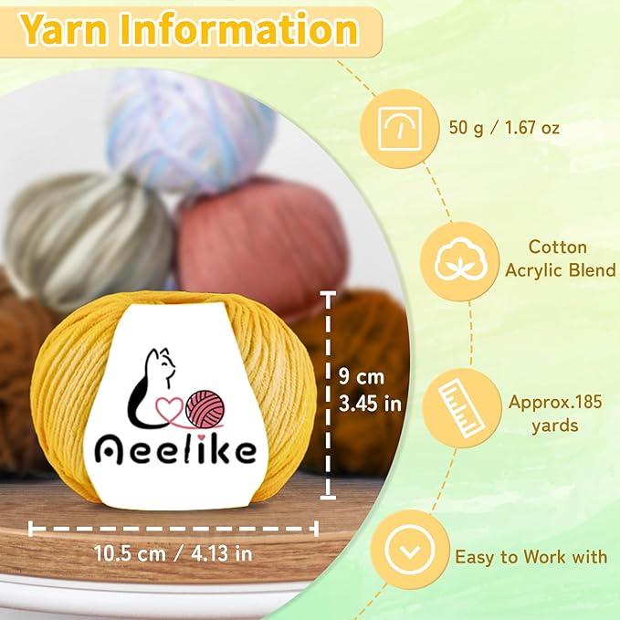 Aeelike Cotton Yarn for Crocheting, 20 PCS Multicolored Cotton Acrylic Yarns Set 4 Medium (Worsted) Crochet Yarn Bundle for Beginner Making DIY Crafts & Small Colorful Projects (Color C)