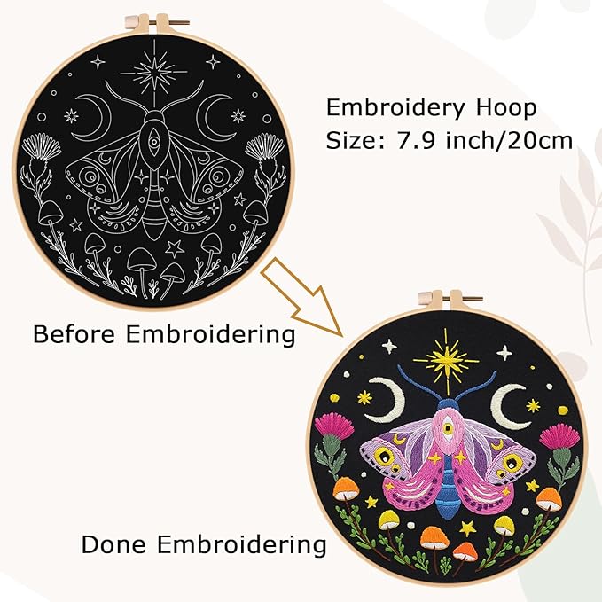 Nuberlic Moth Embroidery Kit for Beginners -Easy Cross Stitch Kits- Complete Embroidery Starter Set with Hoop, Pre-Printed Fabric, Threads & Needles