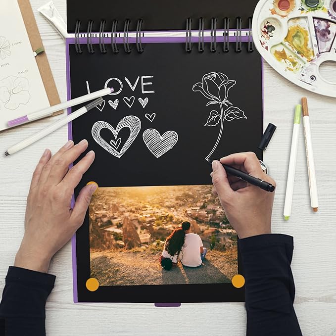 EVNEED Scrapbook Photo Album DIY Scrap Book Black Pages for Wedding Guest Book Anniversary Valentines Day Gifts with 15 Marker Paint Pens,80 Pages,Purple (40 Sheets)