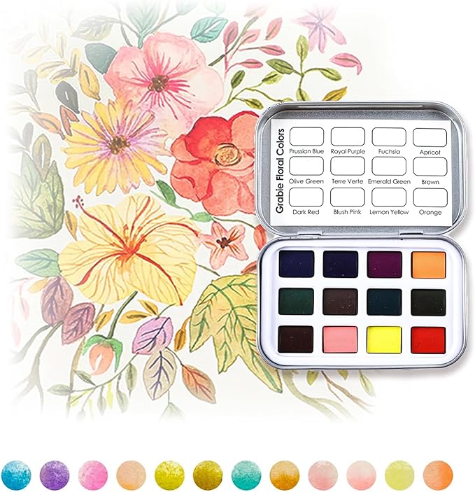 Grabie Pocket Watercolor Set of 12, Travel Watercolor Paint Set, Watercolor Paints, Art Supplies for Painting, Great Watercolor Set for Artists, Amateur Hobbyists and Painting (Landscape Colors)