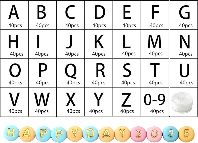 nikkiGuo 1250pcs 4x7mm White Round Acrylic Alphabet Beads A-Z Heart Beads with Numbers Crystal Line for Jewelry Bracelet, Necklace and Key Chains (Flat Round Color Plus Gold)