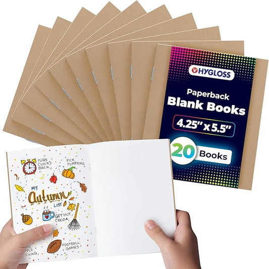 hygloss blank books - bulk 20 pack – 4.25" x 5.5" a6 kraft paperback blank books for kids to write stories, doodle, arts & crafts – plain drawing sketchbook, unlined journal, notebook without lines