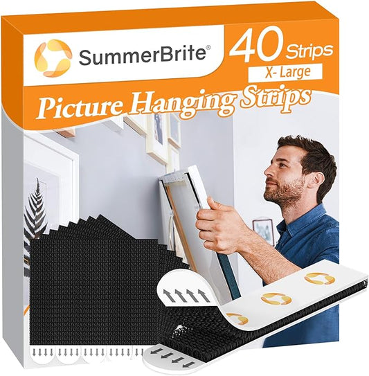 XL Picture Hanging Strips Heavy Duty, 40 Strips Damage Free Removal Picture Hangers for Wall, Sticky Hook & Loop Adhesive Strips for Poster/Picture/Home/Office, 20 Pairs/X-Large, Black