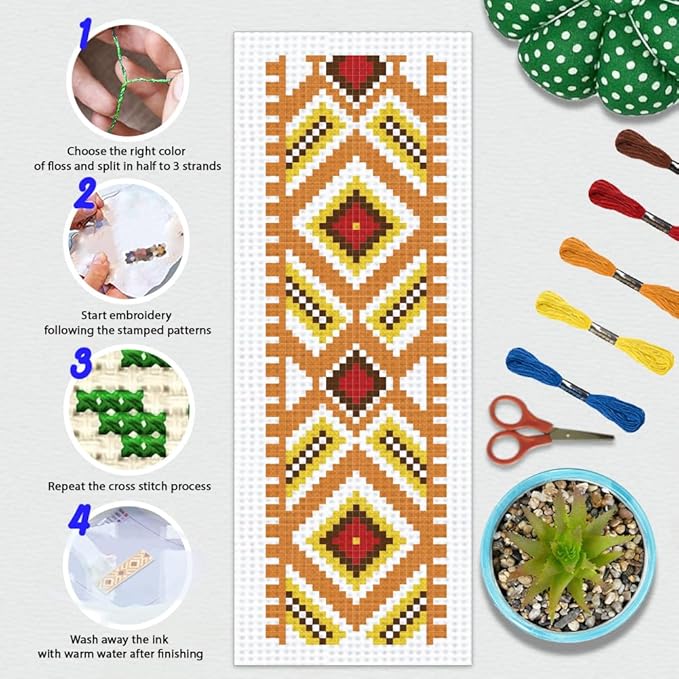 BEUNITONE 6 Pcs Vintage Cross Stitch Bookmark Kits for Beginner with Backing Felt Floss Instructions, Handmade Bookmarks DIY Stamped Craft Embroidery Kits for Adults, Book Lovers 8.5''x3''