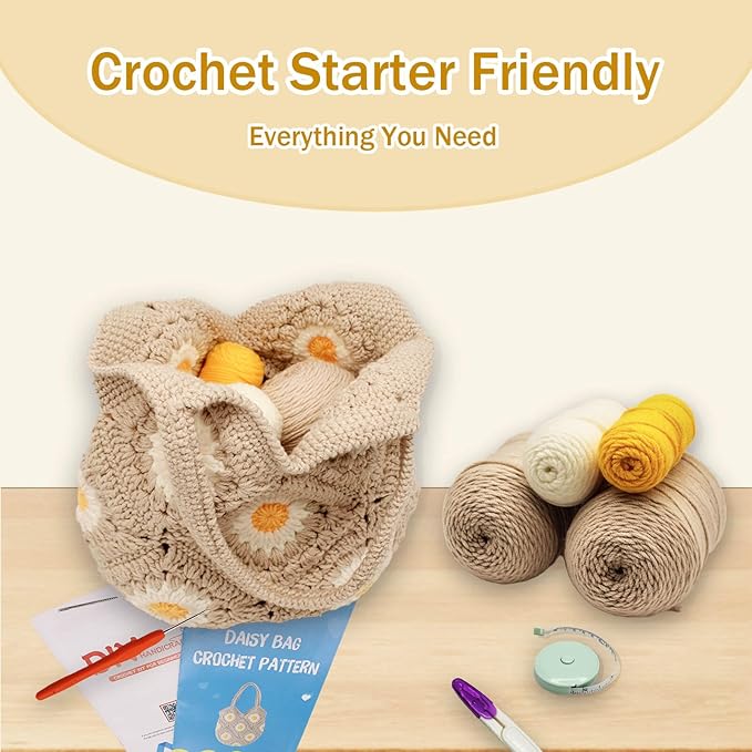 Uongeod Crochet Kit for Beginners Daisy Tote Bag DIY Granny Square Knitting Kits of Daisy Tote Bag with Step-by-Step Video Tutorials Crochet Kit Beginners for Adults