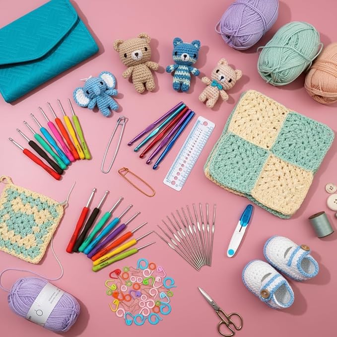 blingcute ergonomic crochet hook set with case, 82 pcs crochet starter kit (0.6–10mm), aluminum hooks with soft grip, complete crochet set for beginners & chunky yarn