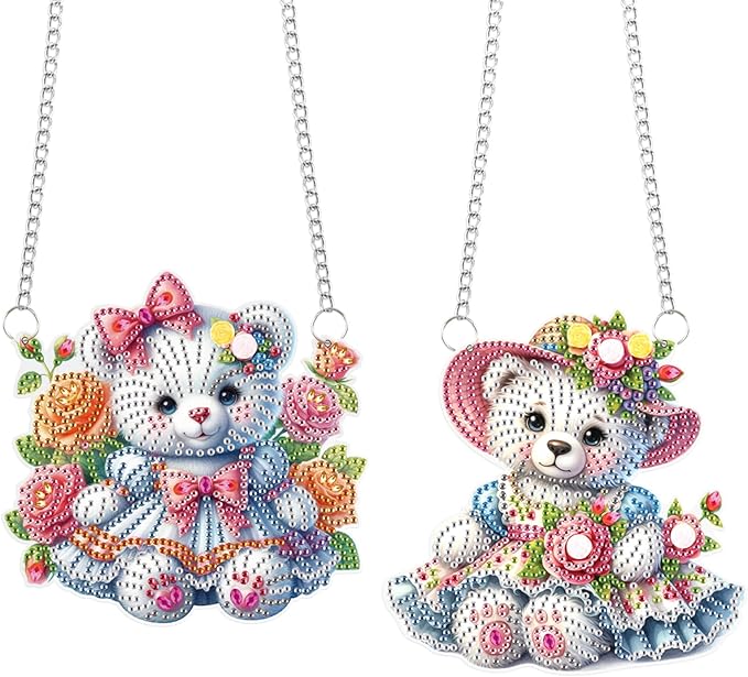 2 Pcs Diamond Painting Hanging Ornaments – Cute Teddy Bear Doll Design with Floral Patterns, DIY Acrylic Craft Kit for Home Decoration, Gifts & Crafts
