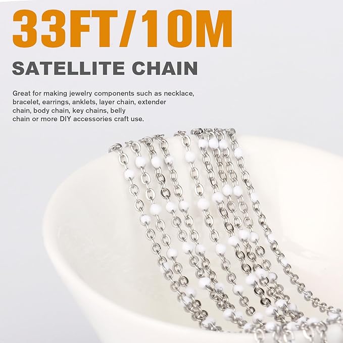 33 Feet Stainless Steel Enamel Chains Bulk, 2mm 304 Stainless Steel White Enamel Beaded Cable Link Chain Roll Spool for Jewelry Making