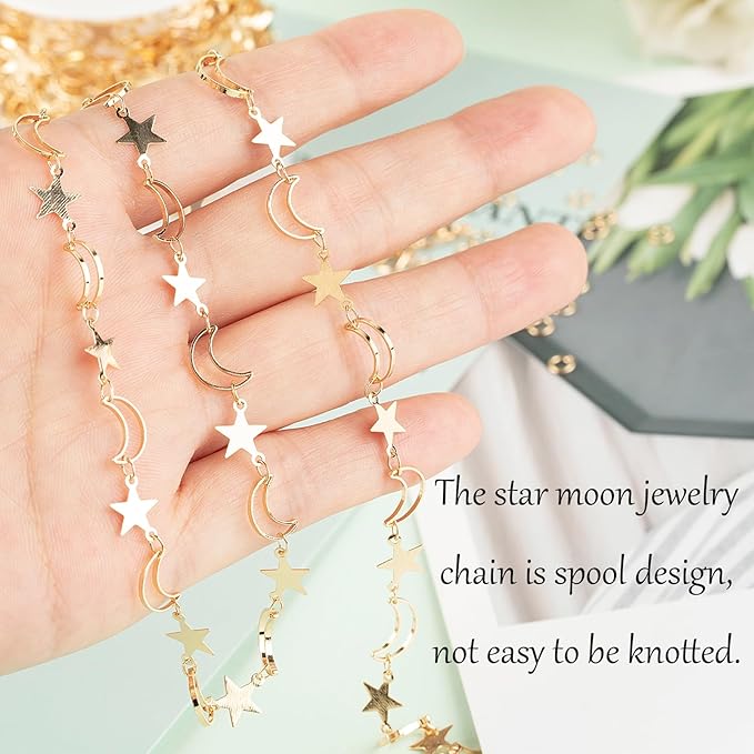 Jabogrii 5 Meters Star Moon Jewelry Making Chains Gold Plated Brass DIY Jewelry Making Supplies Necklace Bracelet Craft Chain Roll for Jewelry Making