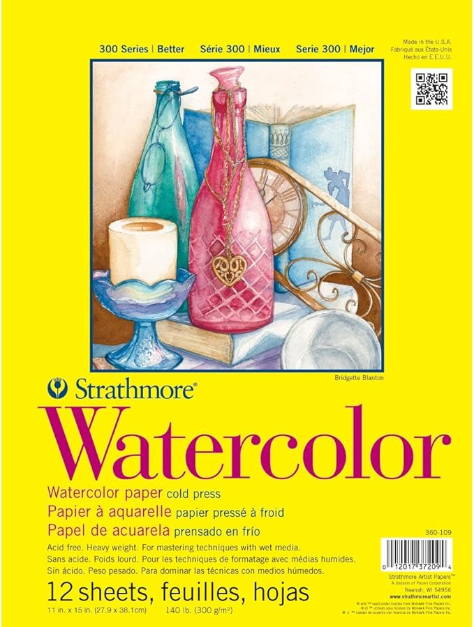 Strathmore 300 Series Watercolor Paper Pad, Tape Bound, 11x15 inches, 12 Sheets (140lb/300g) - Artist Paper for Adults and Students - Watercolors, Mixed Media, Markers and Art Journaling