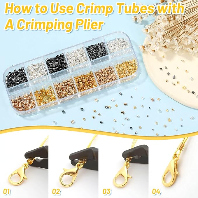 Thrilez Crimping Beads for Jewelry Making, 2200 Pieces Crimp Tubes with Crimping Pliers for Earring Necklace Bracelet DIY Jewelry Making(3 Sizes, 4 Colors)