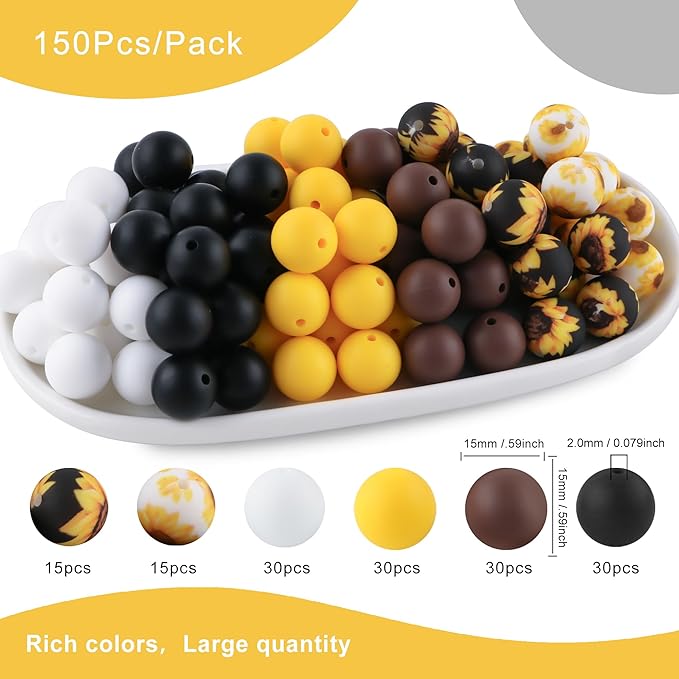 150Pcs Mixed Color 15mm Silicone Beads for Keychain Making, Chocolate Yellow Flower Print Silicone Beads for Pens and Bracelet Jewelry Making