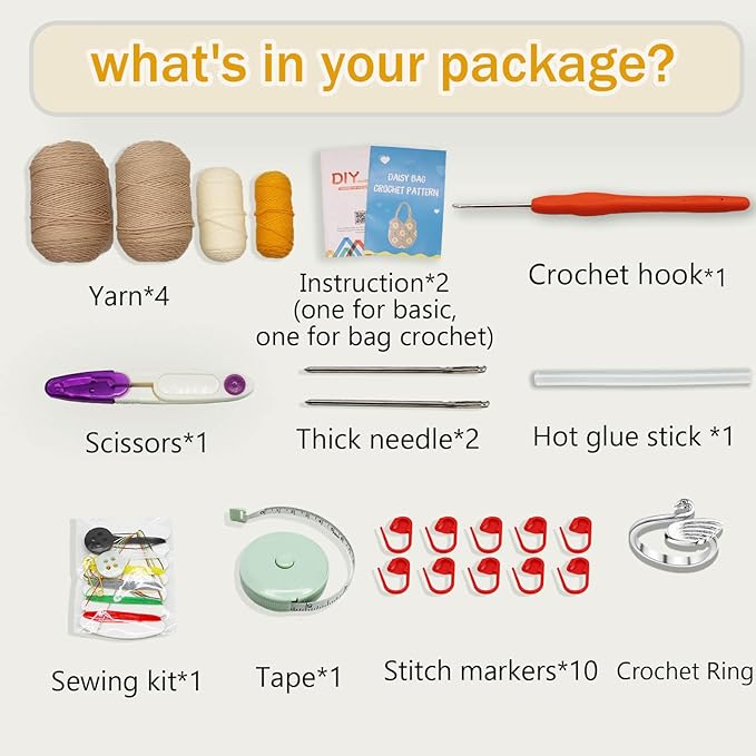 Uongeod Crochet Kit for Beginners Daisy Tote Bag DIY Granny Square Knitting Kits of Daisy Tote Bag with Step-by-Step Video Tutorials Crochet Kit Beginners for Adults