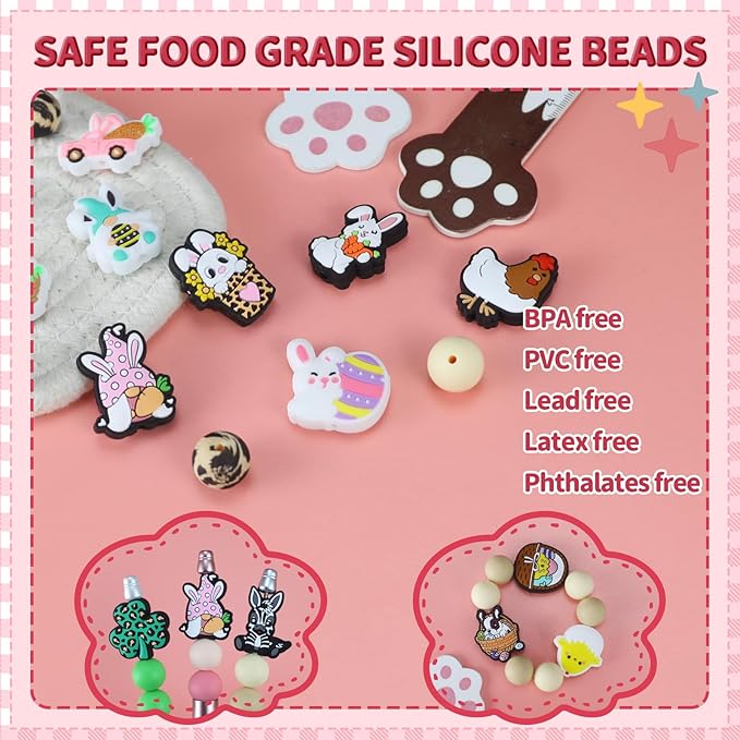 14pcs Easter Silicone Focal Beads, Round Silicone Beads for Keychain Making, Pens, Bracelet, Necklace Crafts (Pink, Easter)