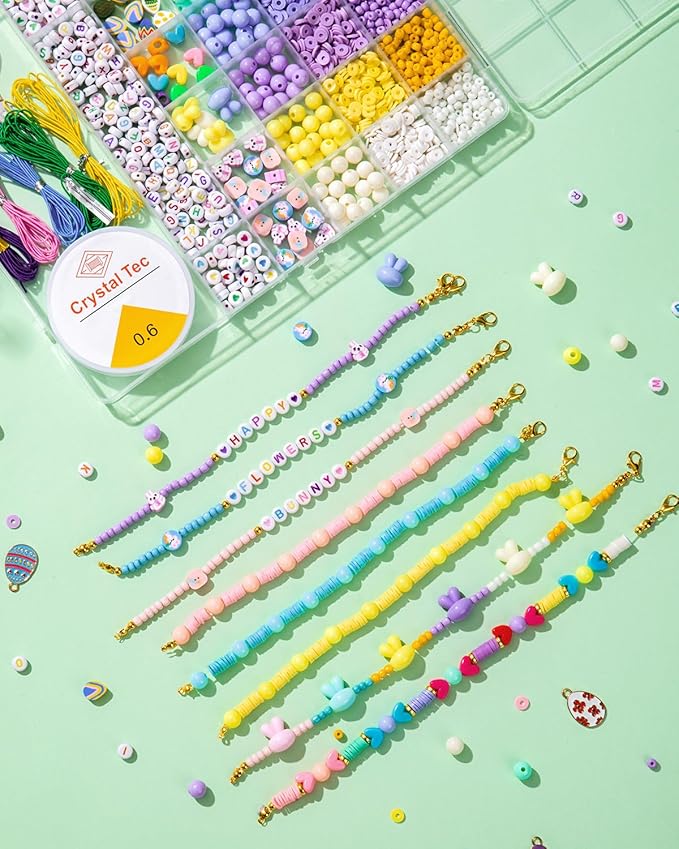Goldwise 2046 Pcs Easter Beads Bracelet Making Kit with Heart Beads, Colorful Letter Beads, Charms, Candy & Bunny Beads, Stickers and Accessories, DIY Jewelry Craft Kit for Adults
