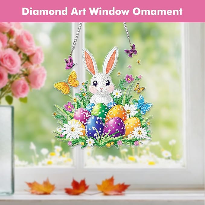 Miwixy Easter Hanging Diamond Art Kits for Adults,Rabbit Special Shaped Crystal Christmas Diamond Painting Ornament Kit DIY Double-Sided Pattern Window Pendant Gem Art Kit for Home Wall Decor