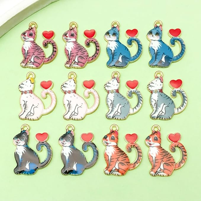 24pcs alloy enamel printed cat series Pendant Jewelry Making DIY Keychain Earrings Pendant Various Design Charms for Jewelry Making Bracelets Necklace (SN941)