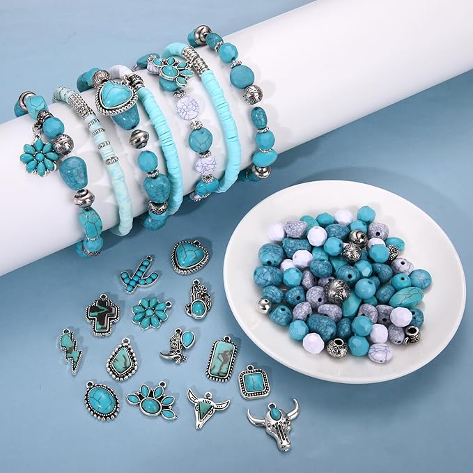 NVENF 1800PCS+ Western Beads Charms for Jewelry Making Turquoise Clay Heishi Beads Vintage Cactus Flower Lightning Boot Cow-head Charms for Western Bracelet Making DIY Crafts (Turquoise 1)
