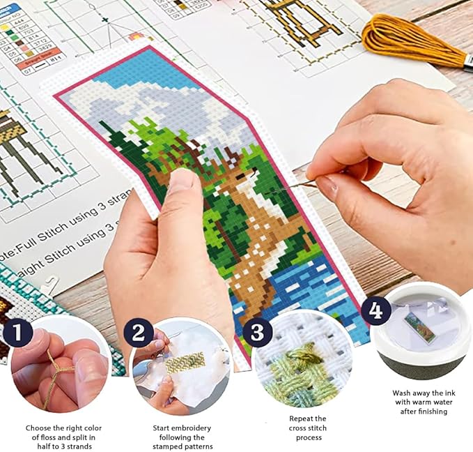 ORIGACH 6 Set Forest Animals Cross Stitch Bookmark Kits for Beginner, Animals Modern Stamped Cross Stitch Kits with Instructions for Adults Bookmarks Lovers