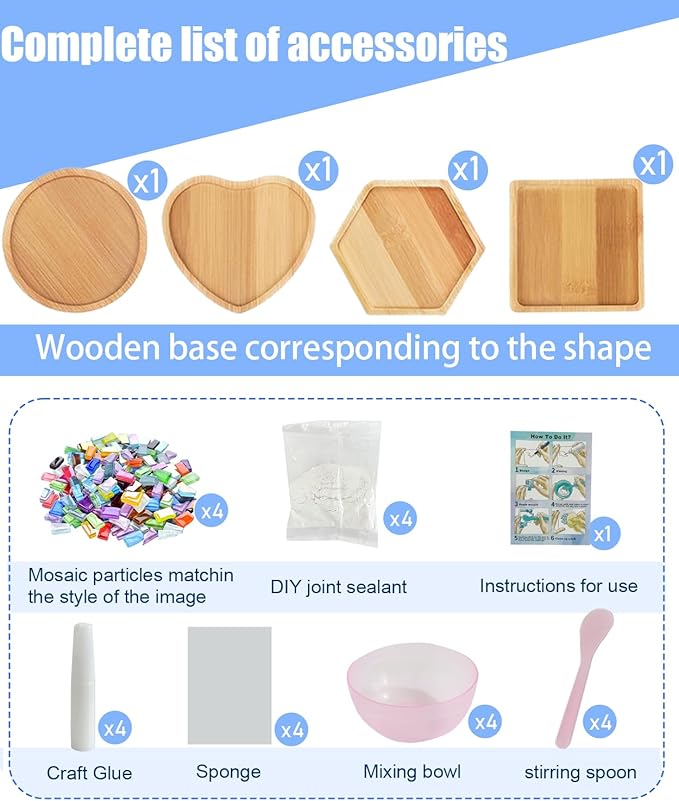 4 Sets DIY Mosaic Kits for Adults with Wooden Coasters, Mixed Color Glass Mosaic Tiles Craft Kits for Adults Women, Complete Mosaic Coaster Making Kit for Home Decor Gifts (4, Rainbow Colors)