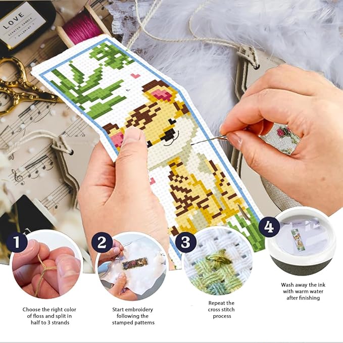 INFUNLY 6PCS DIY Cartoon Animal Cross Stitch Bookmark Kits 8.66"×3.15" Cute Bear Cow Stamped Embroidery Kits with Instructions Plant Flowers Needlepoint Bookmark Kits for Book Lovers Readers Writers