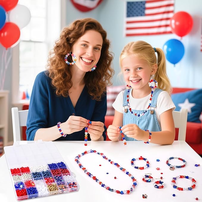 UPINS 2100PCS+ Red White and Blue Beads Bracelet Making Kit 4th of July Patriotic Beads for Jewelry Making Heishi Beads for DIY Bracelets Independence Day Crafts