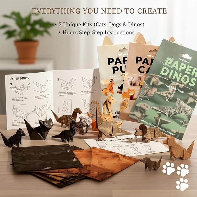 150 Sheets Origami Paper Kit, 3D Cat Dog Dinosaur Animals Paper Folding Craft Set - DIY Creative Art Activity for Adults & Adolescents, Educational Toys, Desk Decor Gift for Animal Lovers
