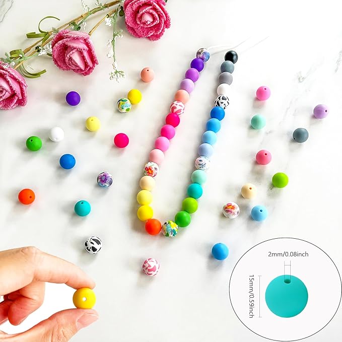 300Pcs Silicone Beads 15mm, 30 Colors 15mm Silicone Print Bead for Keychain Making, Round Rubber Beads Bulk for Pens and Bracelet Making