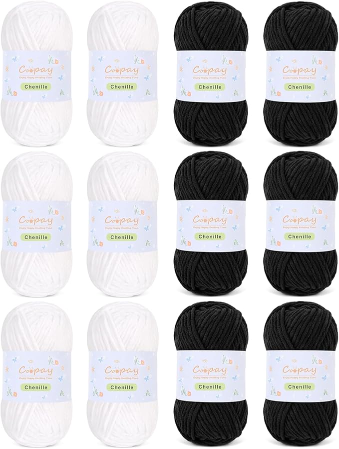 Coopay Chenille Yarn for Crocheting, 12 Pack Medium Weight Yarn - CYC #4 - Total 780yd, Soft Crochet Yarns for Plush Toys, Blankets, Scarves (Black/White)