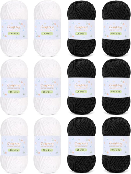 Coopay Chenille Yarn for Crocheting, 12 Pack Medium Weight Yarn - CYC #4 - Total 780yd, Soft Crochet Yarns for Plush Toys, Blankets, Scarves (Black/White)