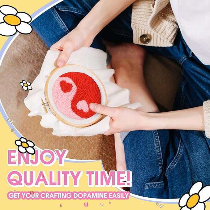 yuegool 6PCS Energy Punch Needle Coasters Kit - DIY Embroidery Set for Adult Beginners, Art Craft Supplies with Patterns, Functional Tools, Yarn, Hoop, and Coaster Holder