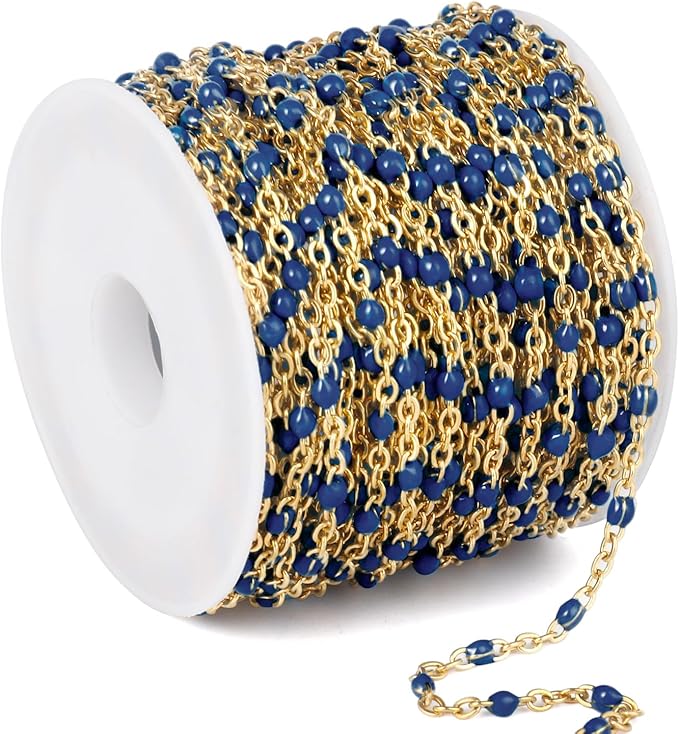 33 Feet Gold Enamel Chains Bulk, 2mm 18K Gold PVD Plated 304 Stainless Steel Navy Blue Enamel Beaded Cable Link Chain Roll Spool for Jewelry Making