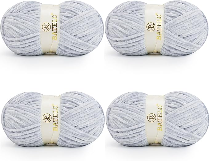 Velvet Chenille Yarn for Crocheting & Knitting 1440 Yards, Soft Thick Fluffy Bulky Blanket Yarn, 4 Pack of 10.5oz (Blue Grey)