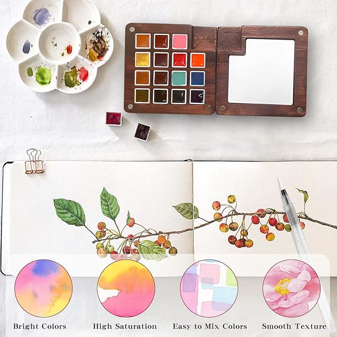 Mini Watercolor Paint Set - 15 Color Travel Watercolor Palette Set - Portable Water Color Paint Set with Watercolor Journal, Binder Clips,Pens,Storage Bag, Wooden Box for Beginners Painters Artists Student