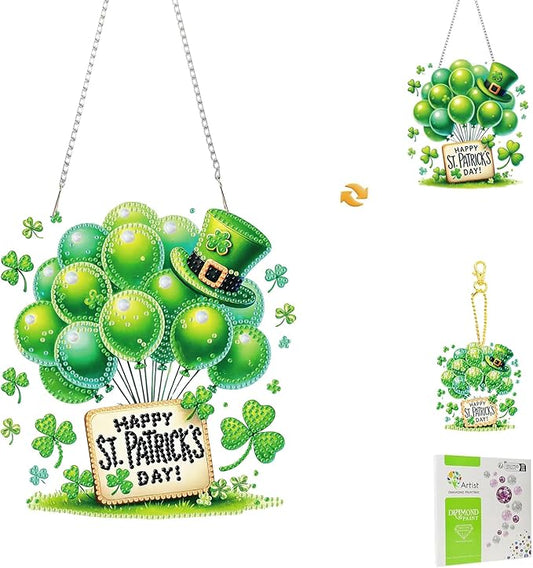 Masendp St. Patrick's Day Diamond Painting Double-Sided Hanging Ornament Set, DIY Irregular Shaped Rhinestone Window Decoration Set, Suitable for Home and Garden Wall Decoration Gifts