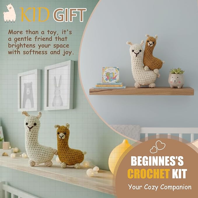 Araeknotta Crochet Kit for Beginners with Easy to Use Yarn, Crochet Hooks, Video Tutorial, Animal Amigurumi Craft Gift for Kids Women Adults (Llama 2 Pack)