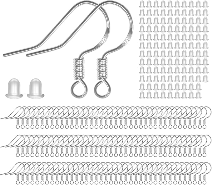 menkey 925 sterling silver earring hooks 120 pcs/60 pairs hypoallergenic ear wires fish hooks for jewelry making, jewelry findings parts with 120 pcs rubber earring backs stopper for diy earrings