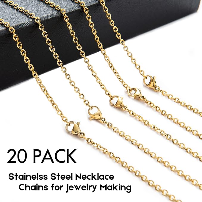 20 Pack Necklace Chains Gold Plated Stainless Steel Cable Chain Necklace Bulk for Jewelry Making, 20 Inches