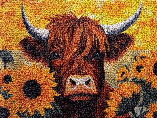 Generic Highland Cow & Sunflowers Latch Hook Kits Rug DIY Cushion Tapestry Making Crochet Hook Mat Making Kits Color Preprinted Pattern Canvas DIY Carpet Needlework Crochet Kits 52x38cm (d99-116)