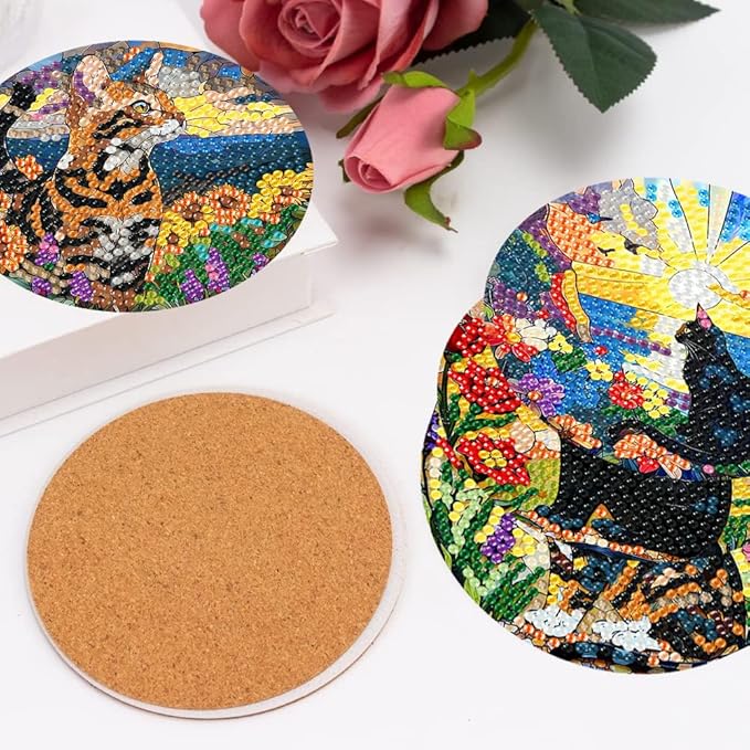 igoodom 8 Pcs Cat Diamond Art Coasters Kit with Holder, DIY Cat Diamond Painting Coasters for Beginners Adults, Non Slip Diamond Art Kits Craft Supplies 4x4inch