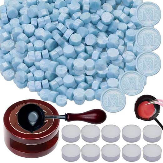 Wax Seal Warmer, ONWINPOR 400pcs Light Blue Sealing Wax Beads Kit with Warmer, Non-Slip Spoon, Candles for Envelopes, Stamp Letter Seal, Wedding Invitations (Light Blue)